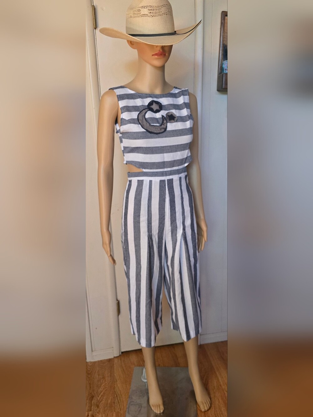 Striped Sleeveless Crop Jumpsuit in Gray and White